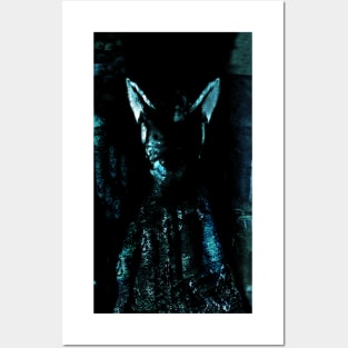 Digital collage, special processing. Strong, muscular men figure, arabian skirt, dark room. Demon. Light blue. Posters and Art